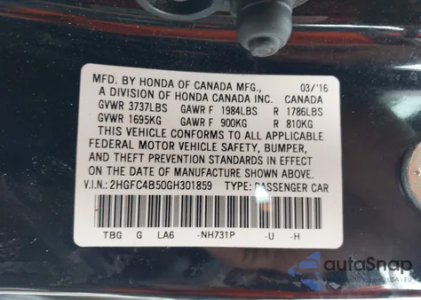 2016 Honda Civic Lx из США, поврежденный, VIN 2HGFC4B50GH301859